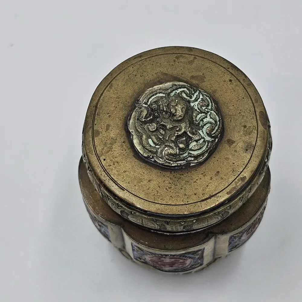 Vintage Chinese Lidded Enamel Brass Tea Caddy Snuff Jar Blue Red